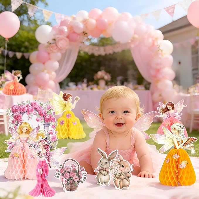 SUNBEAUTY Fairy Birthday Party Decorations Fairy First Centerpieces for Tables 3D Fairies Honeycomb Centerpieces with Rabbits Enchanted Party Table Topper for Spring Garden Woodland Forest Birthday