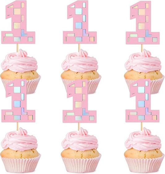 Ercadio 24Pcs Pink Number 1 Cupcake Toppers Checkered Pink One Cupcake Picks for Smiley Assorted Racing Car Theme Baby Girls 1st Birthday Party Cake Decoration Supplies
