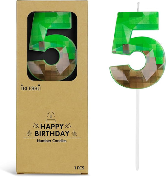 Pixel Birthday Candle, 2.68 Inch Miner Number Candles, Game Themed Candle Birthday Decoration for Pixel Theme Birthday Anniversary Dynamite Video Game Party (Green, 5)