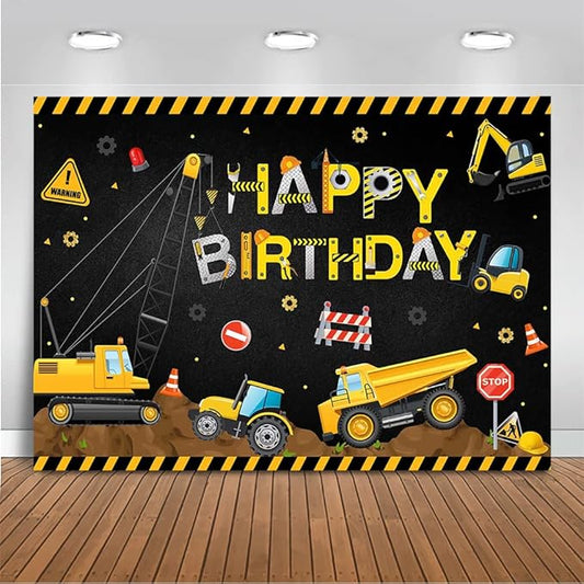 Mocsicka Construction Birthday Party Backdrop Dump Truck Birthday Background for Boys Digger Zone Construction Party Decorations Cake Table Banner (Black-Yellow, 8x6ft(96x72 inch))