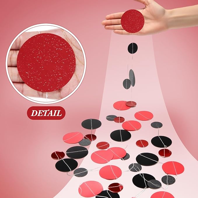Outus 5 Pieces Black,Red Round Dots Garland Graduation Party Hanging Decor Each Length 13.1ft Glitter Paper Dot Streamers for Birthday Wedding Classroom Supplies