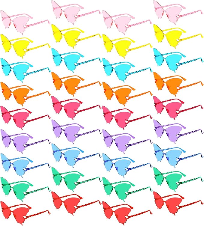 Pibupibu 36 Pcs Rimless Heart/Star/Butterfly/Flame/Cateye Party Sunglasses Bulk for Women Men, Fun Bachelor Party Glasses