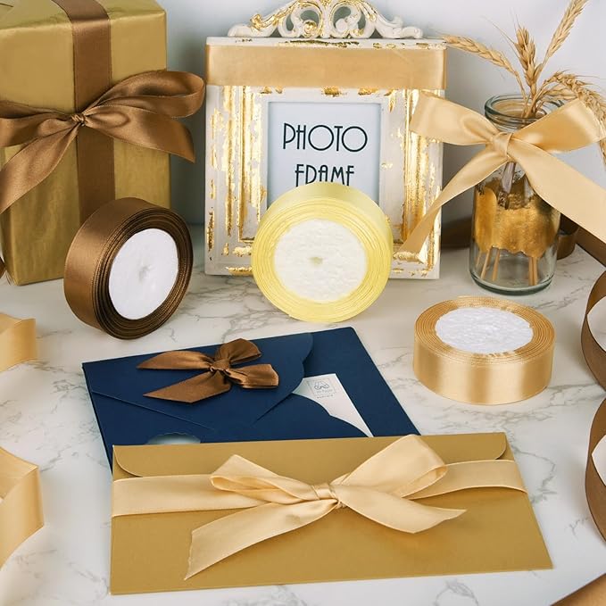 ASTARON Gold Brown Satin Ribbon for Wedding Bouquet DIY Crafts 1 Inch, Solid Color Fabric Ribbon for Gift Wrapping Christmas Gift Bows Hair Bows Silk Ribbon for Bouquets Baby Shower Decor