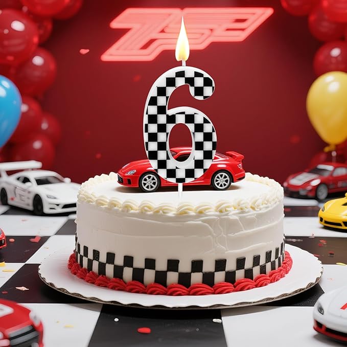 Racing Car Themed Birthday Candles, Number 6 Checkered Candles, Black & White Checkered Cake Decoration, Car Cake Topper for Party Decoration Theme Party Supplies