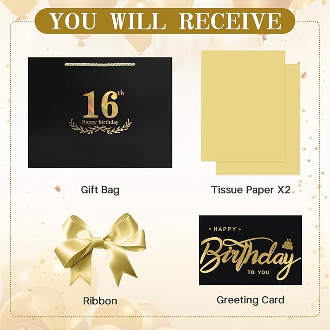 JMANNI Black Gold 16th Birthday Gift Bag with Card and Tissue Paper, 12.6"×9.84"×3.9" Elegant Present Bag for Teens, 16 Year Old Birthday Keepsake Party Supplies
