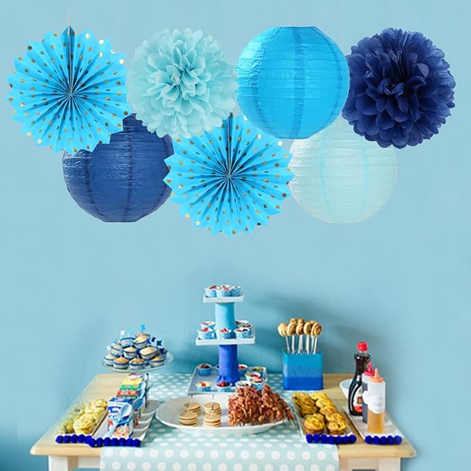 Light-Royal Navy-Blue White Party-Decorations Streamers - 14pc Boy Birthday Baby Shower Paper Lanterns Fan,Tissue Pom Poms,Honeycomb Balls,Bachelorette Bridal Wedding Engagement Decor Lasting Surprise