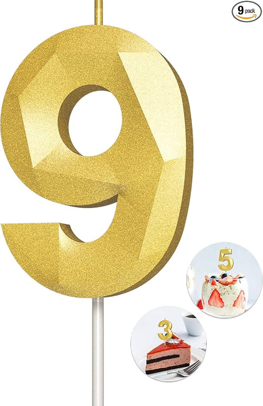 Number Birthday Candles(9 Candle Gold) 3D Diamond Shape Number Happy Birthday Cake Candles for Birthday Party Wedding Decoration Reunions Theme Party