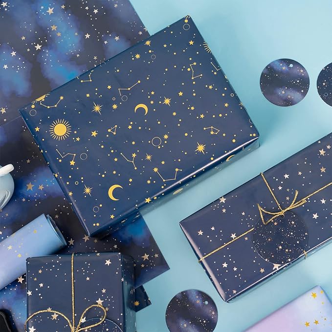 WRAPAHOLIC Neutral Galaxy Birthday Wrapping Paper Sheet - 12 Sheets Folded Flat with 12 Gift Tags for Birthday, Baby Shower, Father's Day, Christmas - 19.7 Inch X 27.5 Inch Per Sheet