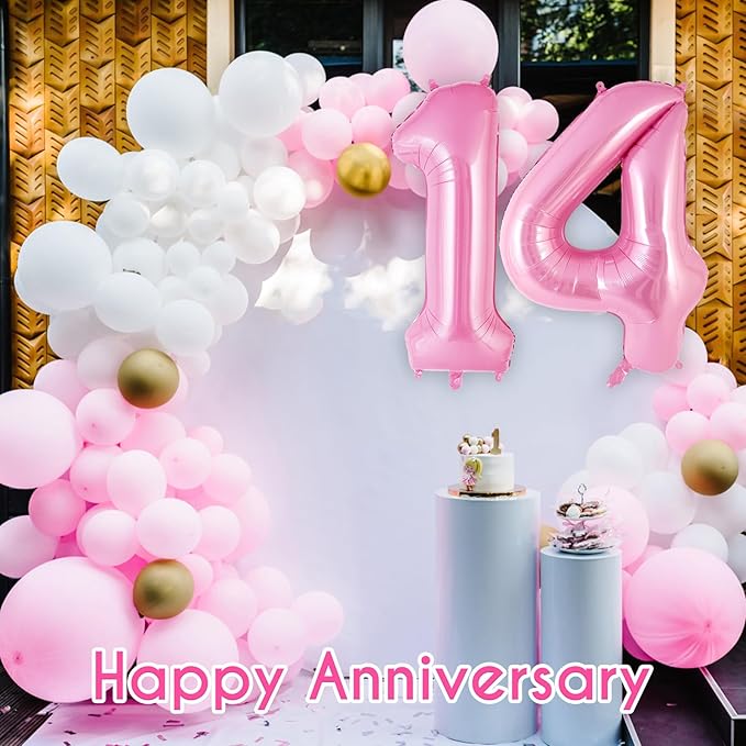 Pink Number 14 Balloon, 40 Inch Big Large Foil Helium Number Balloons, Giant Mylar Number 14 Balloons for 14 Years Old Birthday Party Decorations Supplies Anniversary