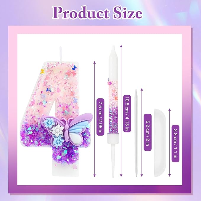 AKURIEEY Butterfly 4th Birthday Candle Purple Number 4 Candle with 6 Pcs Long Candles for Girls Cake Topper Cupcake Decor Party Decoration Anniversary Celebrations Supplies