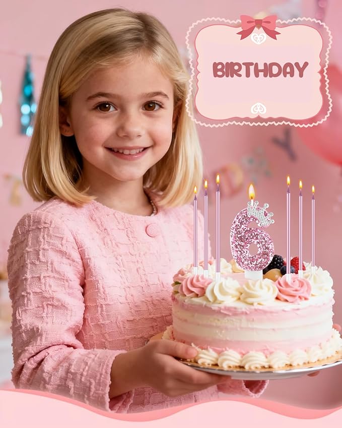 Birthday Candles for Cake, Pink Number Candles, Cake Candles with Greeting Card for Birthday Party Wedding Anniversary Celebrations (6 Candle, Silver Crown)