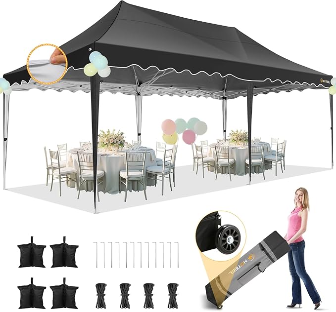 HOTEEL 10×20 Pop Up Canopy, Canopy Tent UV 50+ and Waterproof, Thickened Frame, Large Space Easy Pop Up Canopy, Outdoor Canopy for Weddings, Beaches, Parties, Patio (Dark Black)