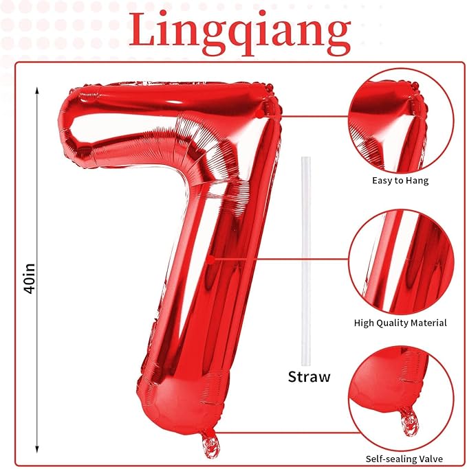 40 Inch Red Number 7 Balloon for Boys Girls, Large Self Inflating Foil Number Balloons 0-9 for Boys Girls, Digit 7 Helium Balloons for Women Men Birthday Christmas New Year Party Anniversary Supplies