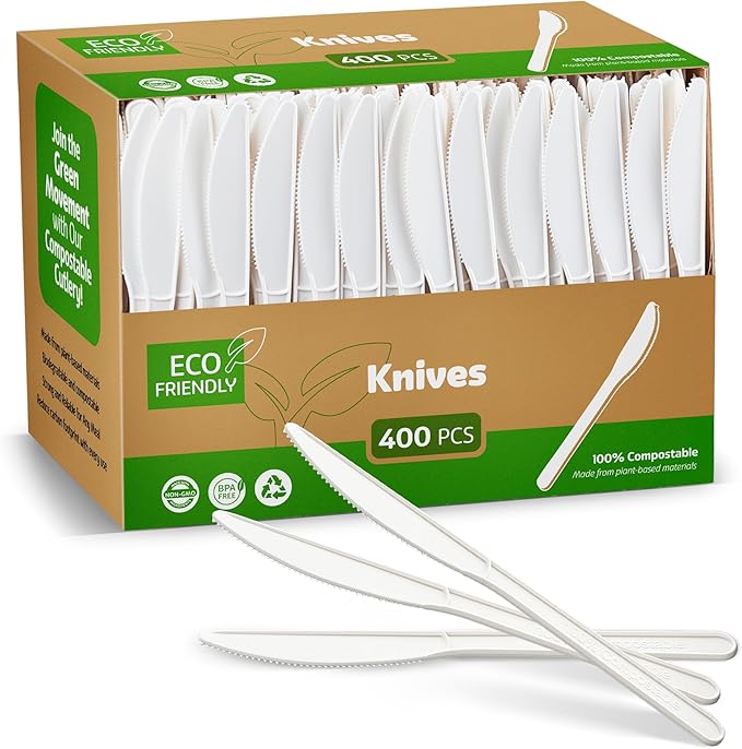 Elegant Disposables 100% Compostable PLA Knives Bulk Pack 400 Pcs Biodegradable Disposable Plastic Cutlery Utensils