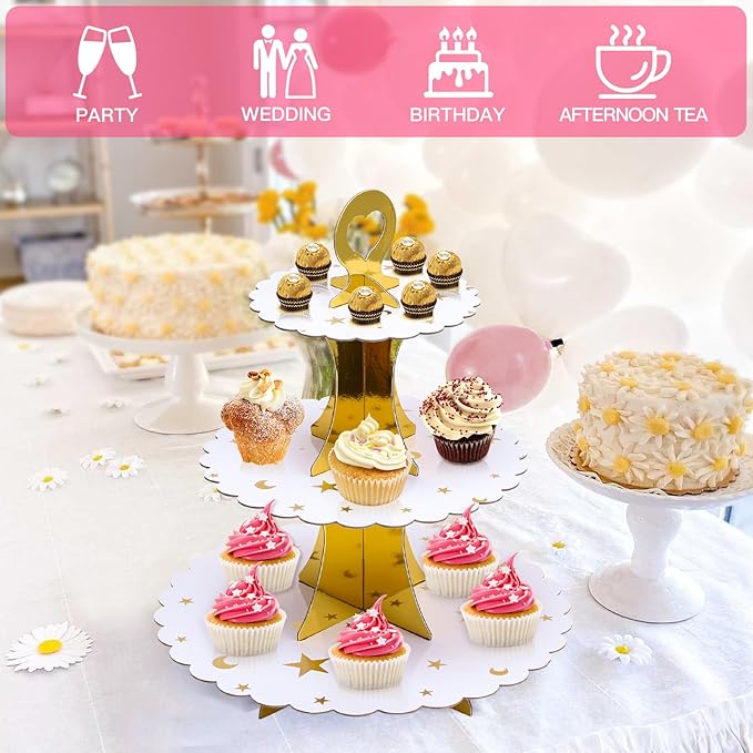 Soleebee 3-Tier Cupcake Stand, Cardboard Cupcake Tower, Dessert Cup Cake Stand Tower for Birthday Wedding Party Decoration, Cupcake Tier Stand 2 Set (Gold Moon and Star)