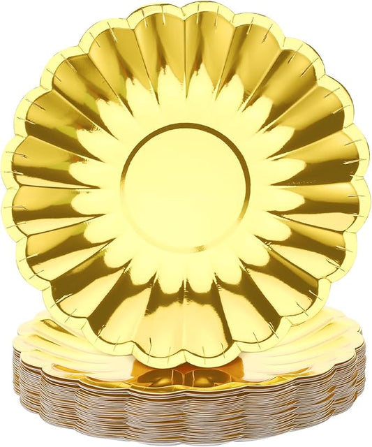 Yungyan 50 Pcs Mini Dessert Plates Cupcake Plates 9 Inch Gold Scalloped Rim Mini Paper Dessert Dish for Cake DIY Baking Party Wedding Birthday