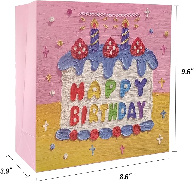 Ziletafei 9" Gift Bag with Tissue Paper, Happy Birthday Candle Cake Design for Girls Women, Pink Medium Size Party Favor Bags