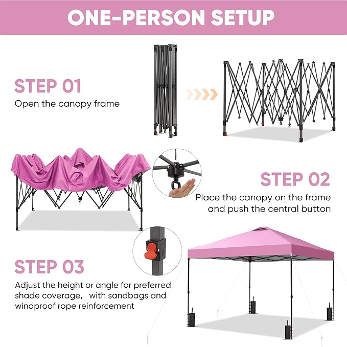 GDY 10x10 Pop Up Canopy Patio Carpas, One Push Set up with Central Lock Canopy with Hand Carry Bag, Included 4 Sandbaogs,8 Stakes and 4 Ropes, Pink