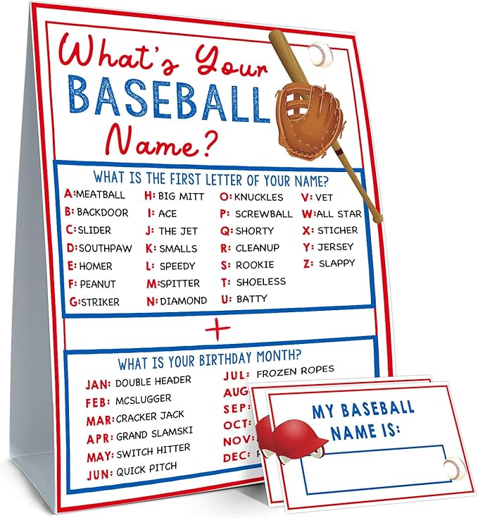 What's Your Baseball Name Game,1 Game Sign and 30 Name Stickers,Baseball Team Party Games， Birthday Game for Kids and Adult Parties,Baseball Activity Decoration Supplies