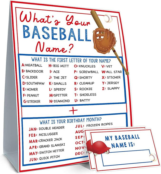 What's Your Baseball Name Game,1 Game Sign and 30 Name Stickers,Baseball Team Party Games， Birthday Game for Kids and Adult Parties,Baseball Activity Decoration Supplies