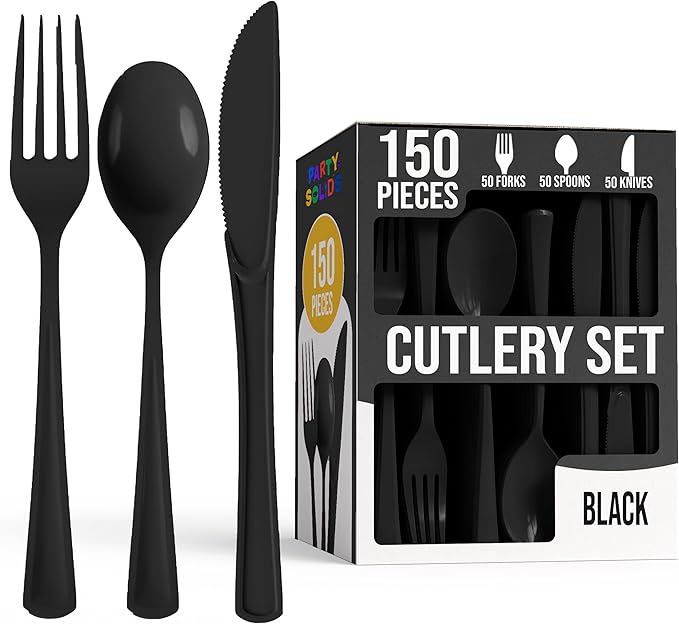 Party Solids Black Plastic Silverware Heavy Duty 150 Pieces Black Disposable Silverware Heavy Duty, Utensil Sets, 50 Of Each Forks, Knives & Spoons Disposable Cutlery Set For Party Supplies