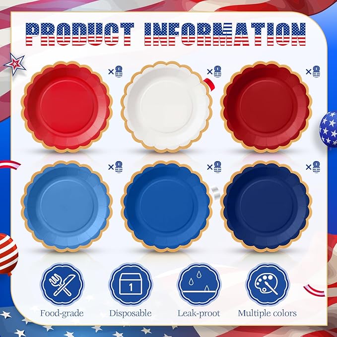 48 Pcs 4th of July Paper Plates 9 Inch red white and blue Scalloped Paper Disposable Dinner Dessert Plates for Birthday Wedding Bridal Party Supplies, 6 Colors