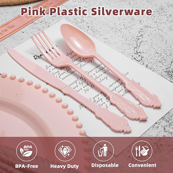 150PCS Heavy Duty Pink Plastic Silverware, Pink Plastic Cutlery Set, Disposable Flatware Includes 50 Forks, 50 Spoons, 50 Knives for Party, Wedding, Baby Shower, Easter and Mother's Day