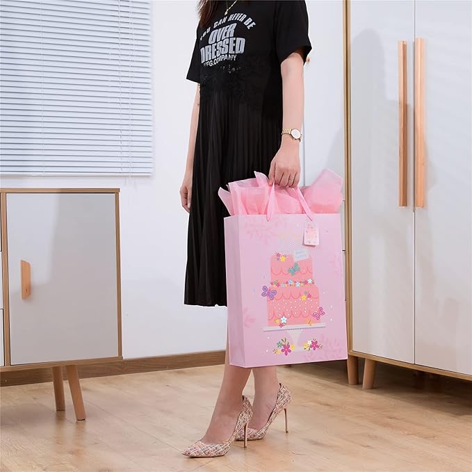 SUNCOLOR Extra Large Gift Bag with Tissue Paper for Girls Happy Birthday Party, 16 X12.6 X 5.7 Inch, Cake, For Birthday, Baby Shower, Children's Party