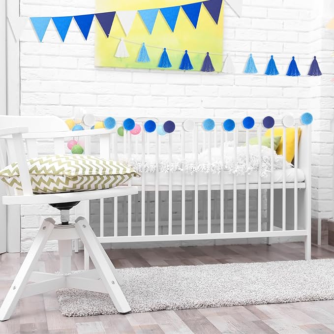 Irenare 9.8 ft Pom Pom Garland Felt Rainbow Garland 2026 Graduation Party Decoration Colorful Pennant Tassel Banner Back to School Birthday Triangle Banner for Classroom School Mantel(Blue)