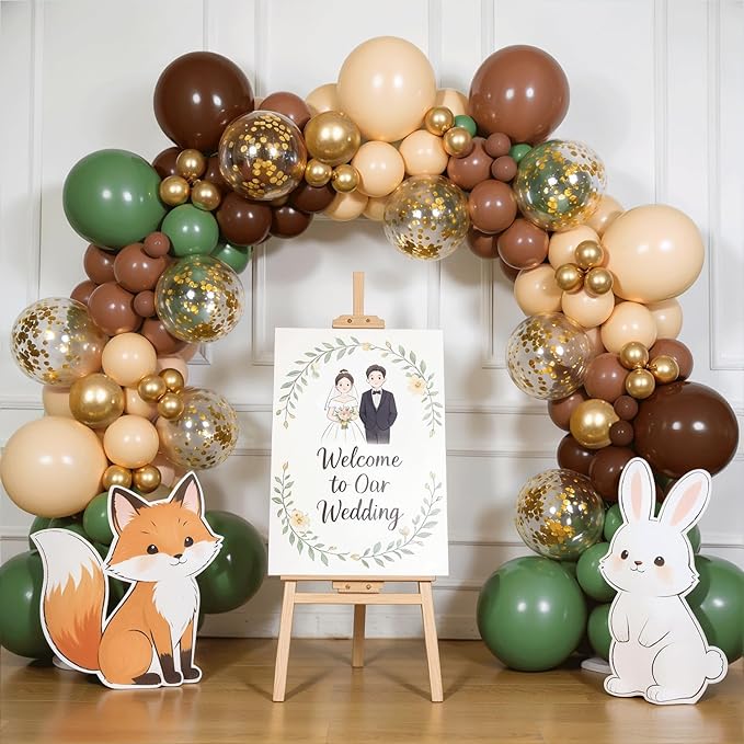 Sage Green Brown Balloons Arch Kit, Woodland Safari Balloon Garland with Sage Green Dark Brown Nude Metallic Gold Confetti Latex Balloons Garland for Birthday Party Jungle Dinosaur Forest Decorations