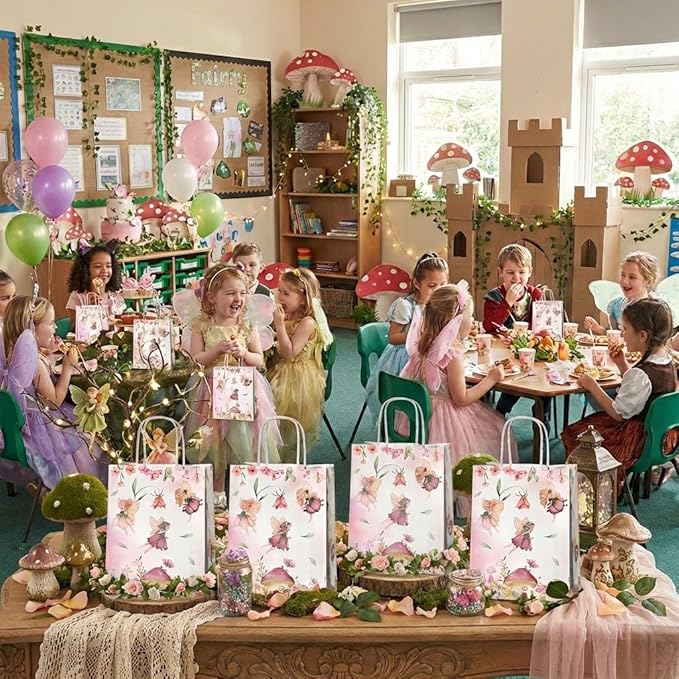 24 Pcs Fairy Party Favor Bags with Handles, Woodland Mushroom Goodie Gift Candy Treat Paper Bags for Kids Girls Baby Shower Birthday Party