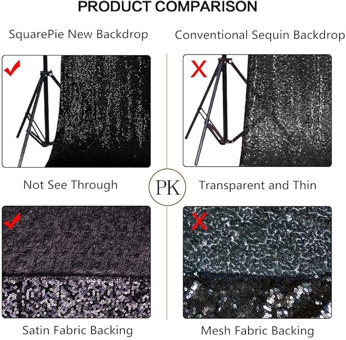 SquarePie 8x8ft Black Sequin Backdrop for Photography, Satin-Backed Real Sequin Curtain, Enhanced Coverage Shimmering Background with 4" Rod Pocket for Wedding, Birthday, Party Decor, 1 Panel