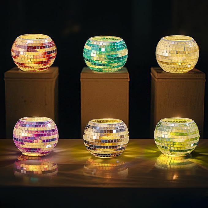 SOUJOY 6 Pack Votive Candle Holder, Handmade Mosaic Glass Tealight Holders, Diwali Decorative Scented Candle Bowl for Valentine, Party, Christmas Table Centerpiece Decor
