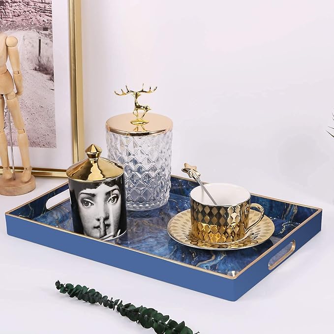 Decorative Tray, Marbling Plastic Tray with Handles, Rectangular Vanity Tray and Serving Tray for Bathroom, Kitchen, Ottoman and Coffee Table, 15.6” x 10.2” (Blue)