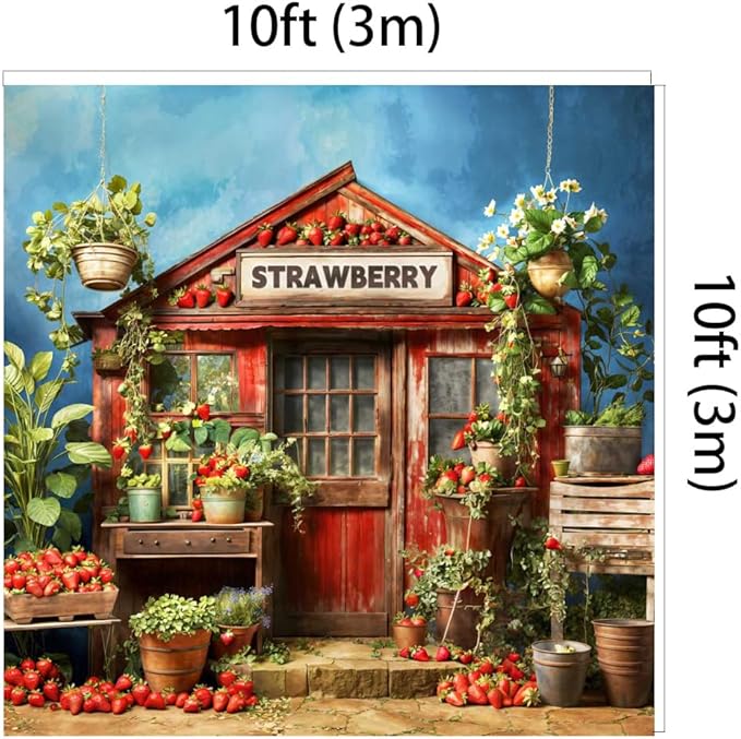 Kate 10x10ft Red Strawberry Backdrops for Photography Summer Fruit Shop Background Strawberry Wood House Backgrounds Sweet Baby Birthday Party Decoration Studio Backdrop