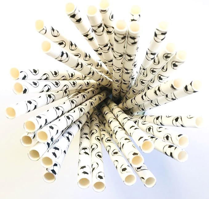 100 pcs Sports Party Paper Straws, Black White Soccer Football Bar Soda Juice Drinking Straws, Kids Teen Boy Birthday Baby Shower Game Day Restaurant World Cup Cake Pop Sticks (White With Soccer)