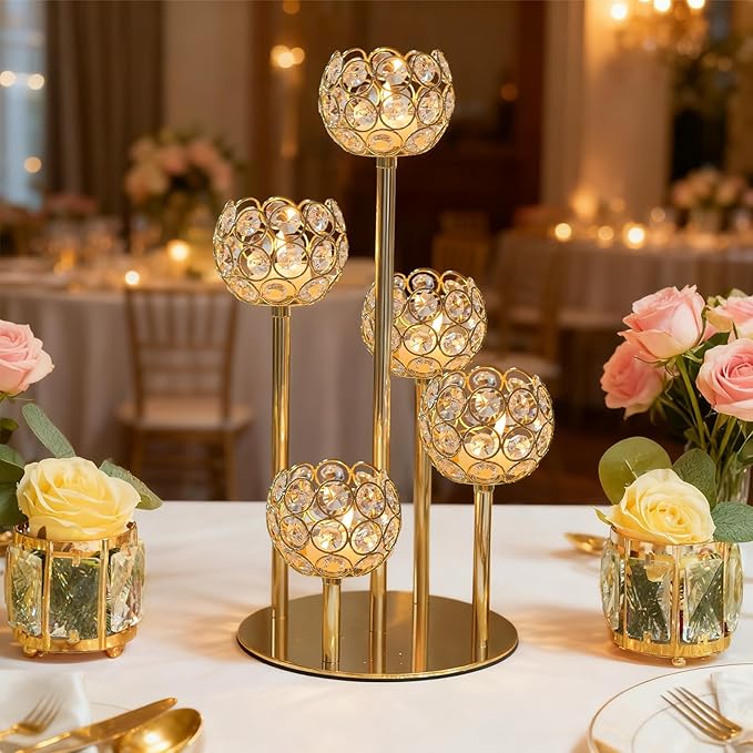 5-Arm Crystal Tealight Candelabra Centerpiece, 14.8 Inch Metal Candle Holder for Table Decor, Wedding, Christmas, Party, Anniversary & Home Decoration (1, Gold, S-14.8 in)
