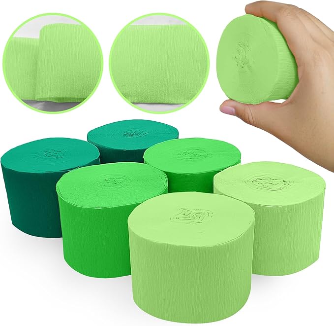 6 Crepe Paper Streamers Rolls, 492ft Green Paper Streamers Party Supplies for Birthday Wedding Graduation Anniversary St. Patricks Day Decoration (1.8 inch x 82 ft/Roll)