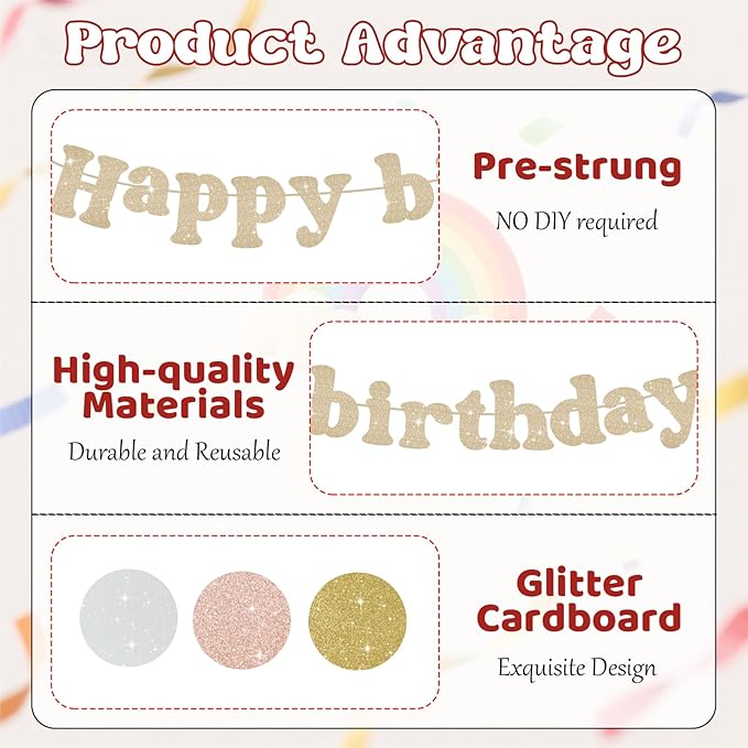 Champagne Gold Happy Birthday Banner, Pre-Strung Happy Birthday Sign, Glitter Birthday Party Supplies with Circle for Party Door Wall Mantle Hanging Sign Backdrop Decorations