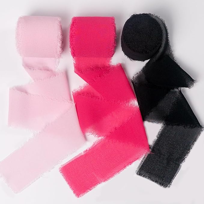 Chiffon Ribbon, Pink Black 1.5''x21Yd Frayed Fringe Halloween Ribbons for Gift Wrapping, Handmade Ribbon for Floral Vase, Mother's Day, Cartoon Party, Wedding, Birthday, Engagement, 3 Rolls