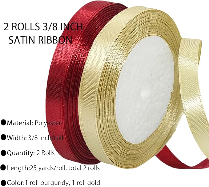 Gold Christmas Ribbon, Gold Burgundy Satin Ribbon 3/8 Inch 50 Yards Fabric Ribbons for Christmas Party Decorations, Gift Wrapping, Tree Ornaments, Bouquets, Door Wreaths, Bows Making and DIY Crafts