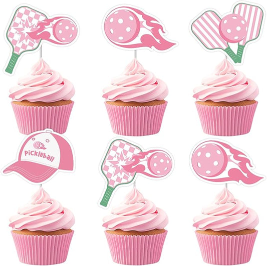 Cheereveal 36 Pieces Pink Pickleball Cupcake Toppers for Girls Women, Pickleball Rackets Cupcake Picks, Retirement Sports Themed Birthday Baby Shower Party Decoration Supplies
