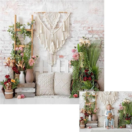 Kate 8x8ft Boho Chic Backdrops for Photography Rustic Macrame Floral Wall Hanging Photo Background for Bridal Shower Maternity Newborn Portrait Photoshoot