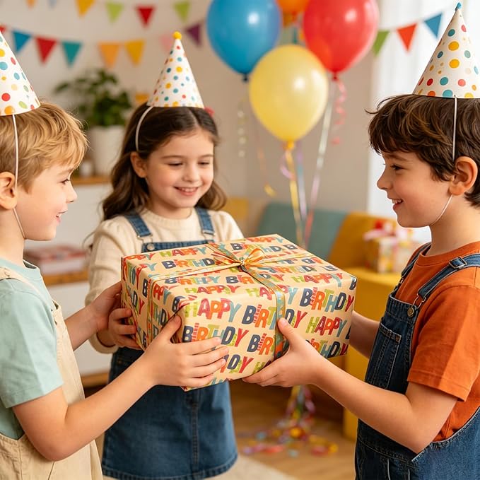 Birthday Wrapping Paper,Gift Wrapping Paper Roll,Kraft Wrapping Paper-17 inch X 32.8 Feet Per roll,Colorful Text Happy Birthday Design Perfect For Boys Girls Birthdays Holiday Wrap, Party, Baby Shower