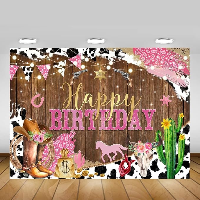 Mocsicka Western Happy Birthday Backdrop Brown Wood Kids Birthday Party Decorations Banner Rustic Old West Rodeo Photography Background Cowboy Party Supplies (Pink, 10x8ft(120x96 inch))