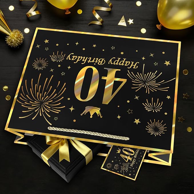 JMANNI Black Gold 40th Birthday Gift Bag with Card and Tissue Paper, 12.6"×9.84"×3.9" Elegant Present Bag for Adults, 40 Year Old Birthday Keepsake Party Supplies