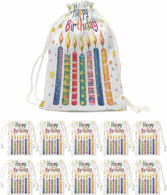 Victoroes Happy Birthday Drawstring Gift Bags 10 Pieces, 5" x 7" Small Colorful Star Candles Gift Bag Reusable Fabric Wrap Bags for Wedding Party Birthday Christmas Seasonal Holiday