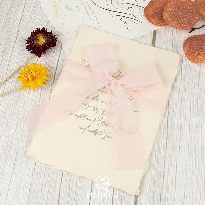 Blush Pink Chiffon Ribbon - 1-1/2 Inch x 21 Yards, Handmade Fringe, Boho Frayed, Pale Pink for Gift Wrapping, Wedding Invitation, Bridal Flower Bouquets