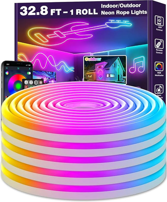 LETIANPAI Neon Rope Lights,Flexible Led Rope Lights Control with App/Remote,Multiple Modes Rope Lights,IP65 Outdoor RGB Led Neon Lights Waterproof,Music Sync Gaming Led Light Strip (32.8FT)