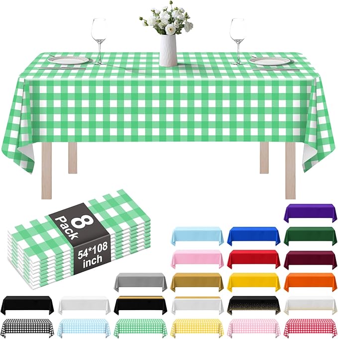 8 Pack Plastic Tablecloth 54" x 108" Disposable Table Cloths for 6 to 8 Foot Tables Rectangle Table Cover for Parties (Green Checkered, Rectangle)